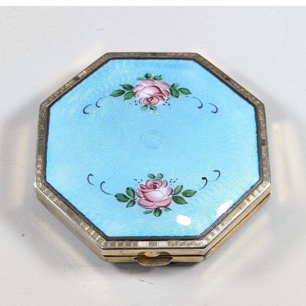 1920s Baby Blue Guilloche Enamel Compact, Fancy powder, rouge & mirror compact,